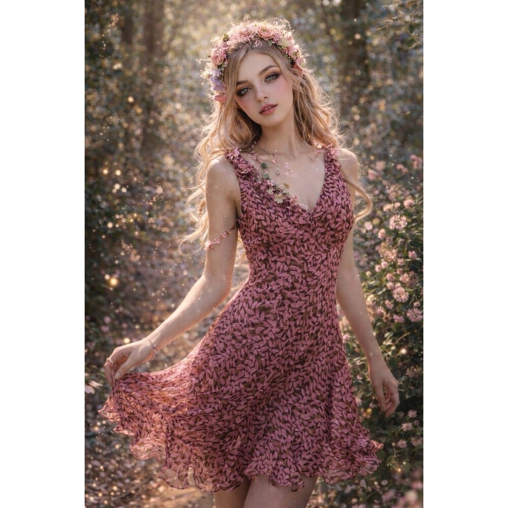 VTG 90s Women 100% Silk Fairy Dress 8 Pink botanical print Ethereal Whimsical